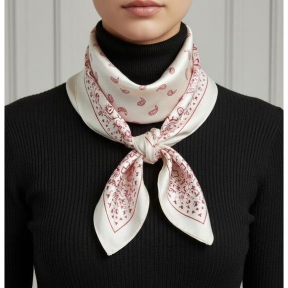 ❤️❤️Elegant Bandana Square Scarf Silky Satin Soft WHITE RED Wrap Paisley Floral - Picture 1 of 7